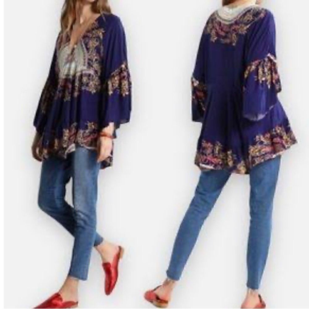 Free People Sunset Dreams Ruffle Boho Top In Blue Size Small - Picture 16 of 16